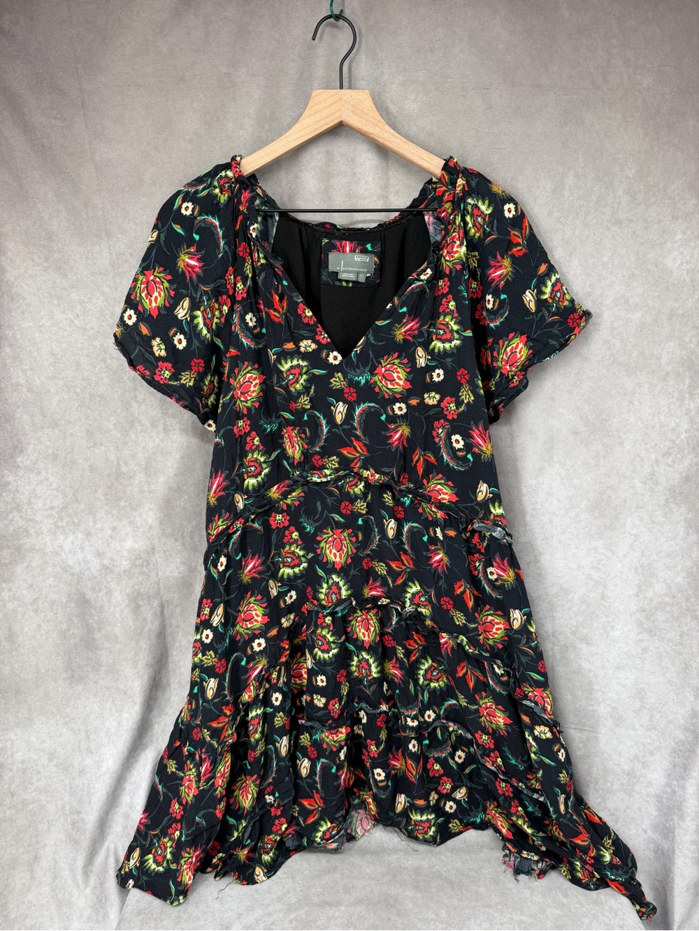 Anthropologie Robin Tiered Mini Boho Dress Size Large Black Country Floral Print